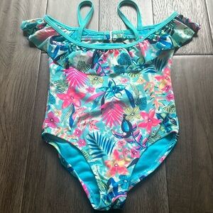 Toddler girl off shoulder ruffle top floral tropical low back swimsuit